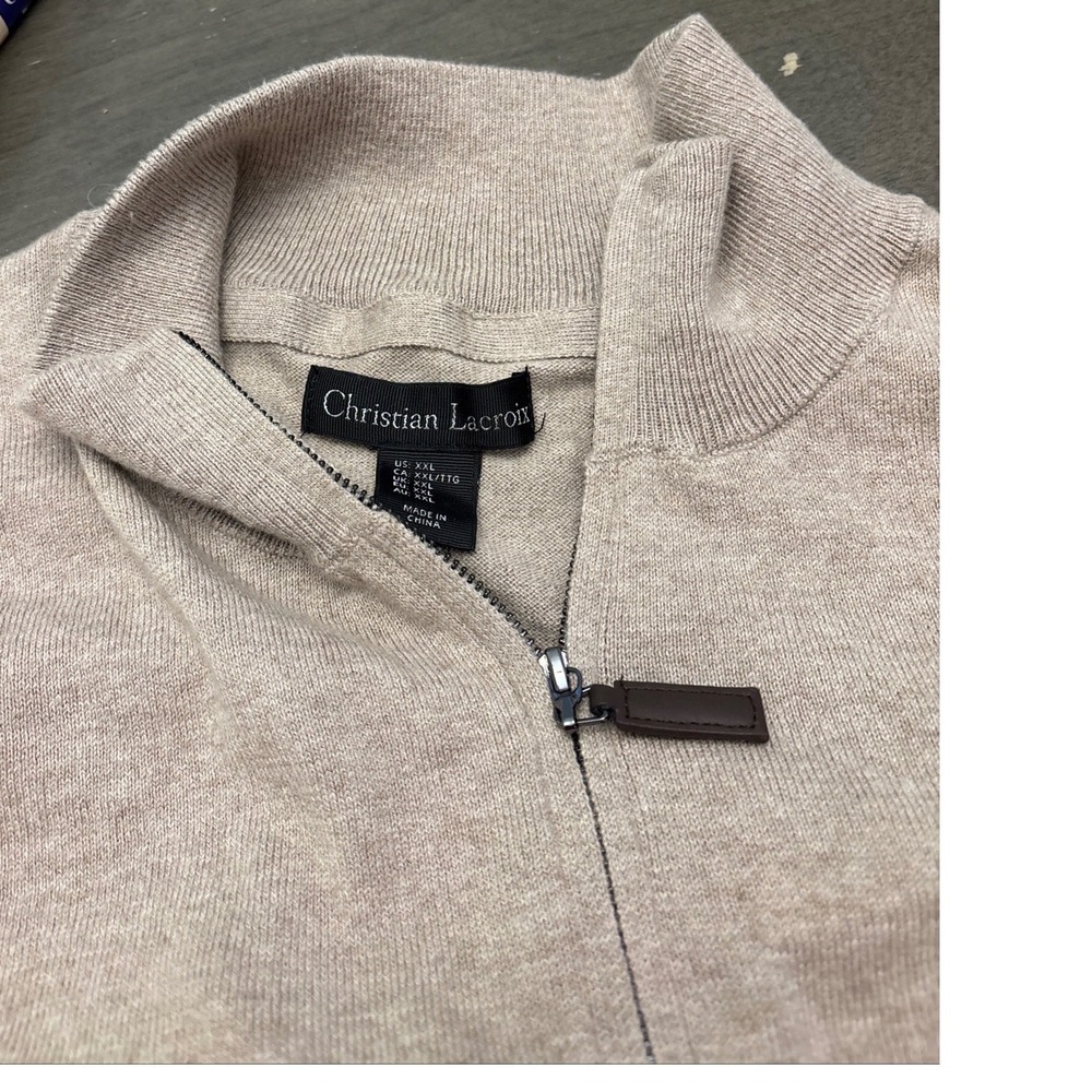 Christian Lacroix Mens XXL Tan Pima Cotton Silk Cashmere Quarter Zip Sweater